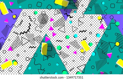 90s pattern. Memphis trend. Nineties pattern. Pop art color background. Vector Illustration. Hipster style 80s-90s. Abstract colorful funky background.