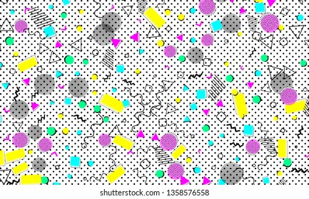 90s pattern. Memphis trend. Nineties pattern. Pop art color background. Vector Illustration. Hipster style 80s-90s. Abstract colorful funky background.