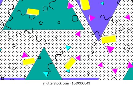 90s pattern. Memphis trend. Nineties pattern. Pop art color background. Vector Illustration. Hipster style 80s-90s. Abstract colorful funky background.