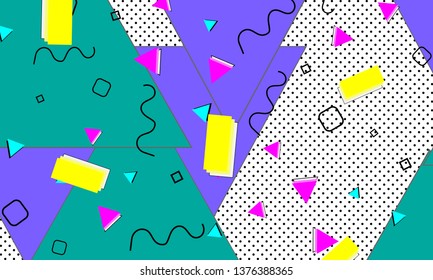 90s pattern. Memphis trend. Nineties pattern. Pop art color background. Vector Illustration. Hipster style 80s-90s. Abstract colorful funky background.