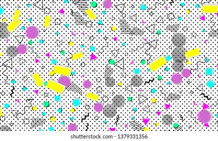 90s pattern. Memphis trend. Nineties pattern. Pop art color background. Vector Illustration. Hipster style 80s-90s. Abstract colorful funky background.