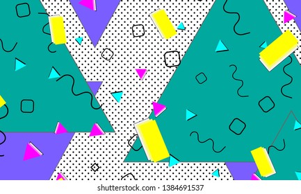 90s pattern. Memphis trend. Nineties pattern. Pop art color background. Vector Illustration. Hipster style 80s-90s. Abstract colorful funky background.