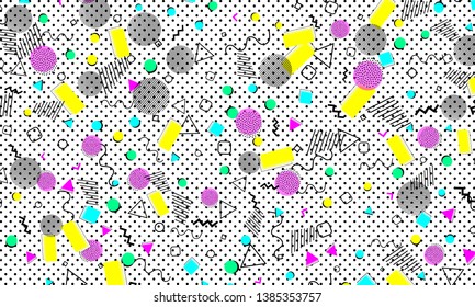 90s pattern. Memphis trend. Nineties pattern. Pop art color background. Vector Illustration. Hipster style 80s-90s. Abstract colorful funky background.