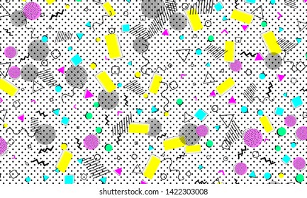 90s pattern. Memphis trend. Nineties pattern. Pop art color background. Vector Illustration. Hipster style 80s-90s. Abstract colorful funky background.