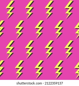 The 90s pattern with yellow lighting bolts on a pink background. The 90s vector illustration. 90s nostalgia. 90s aesthetic.