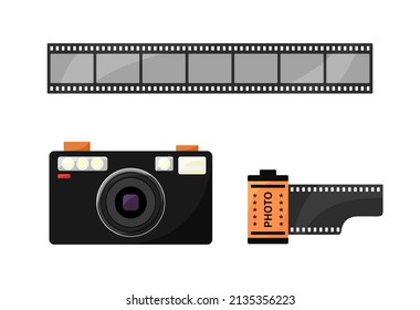 90s photo camera, film roll and filmstrip isolated. Retro camera of photographer. Set of photo equipment from 1980s and 1990s. Vector flat illustration.