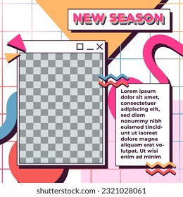 The 90s pop art instagram post template design, Memphis style vector, grey-white transparent patch