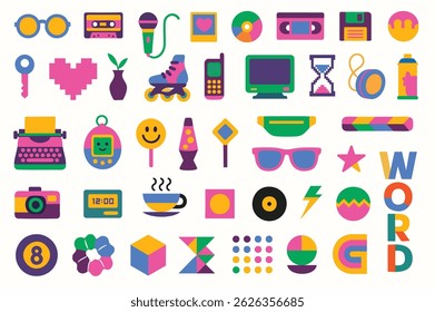 90s pop culture icons and gadgets in vibrant vector style.