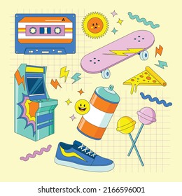 90's Pop Culture Sticker Cartoon Stuffs Objects with Cute Illustration 