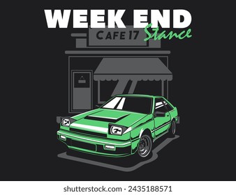 90s popular car in green color with coffee shop behind for vector illustration design