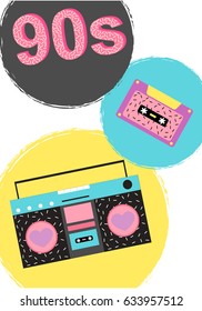 90s poster with boombox and cassette tape.