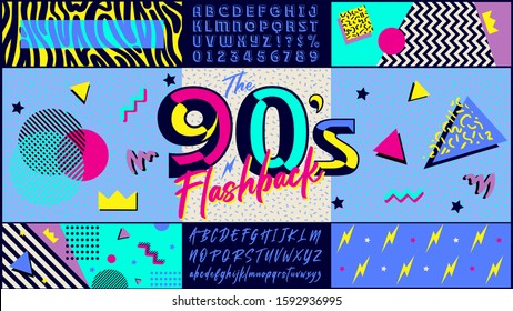 90s poster. Nineties flashback. Retro style textures and alphabet mix. Aesthetic fashion background and old fashion graphic. Vintage vector invintation card, poster, banner. Easy editable template.