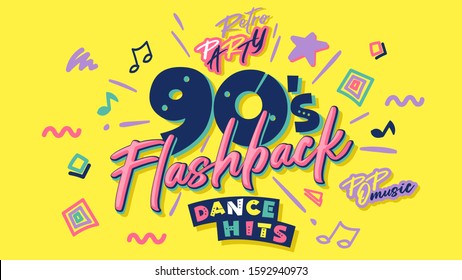 
90s poster. Nineties flashback. Retro music style textures and objects mix. Aesthetic fashion background and old fashion graphic. Vintage vector invintation card, banner. Easy editable template.