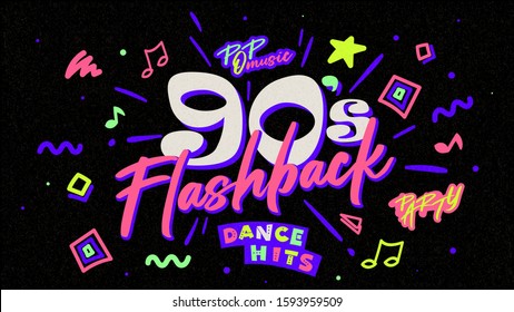 90s poster. Nineties flashback. Retro music style textures and objects mix. Aesthetic fashion background and old fashion graphic. Vintage vector 90's invintation card, banner. Easy editable template. 