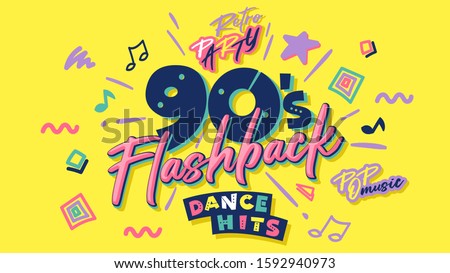 
90s poster. Nineties flashback. Retro music style textures and objects mix. Aesthetic fashion background and old fashion graphic. Vintage vector invintation card, banner. Easy editable template.