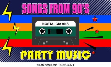 Poster der 90er. Retro-Texturen und Text-Mix. Ästhetischer Modehintergrund und 90er-Grafik. Pop und Rock Musik Party Event Template. Vintage Vektor Poster, Banner.