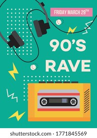 90's rave poster with cassette tape music player and audio headphones. Retro party flyer template with vintage stereo equipment - flat vector illustration.