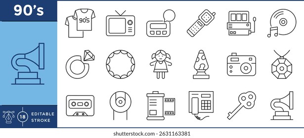 90's related line icons set. Vector editable stroke. Retro elements and objects.