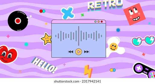 90s retro background with different object. Ui elements, nostalgic game icons and dialog boxes vector set