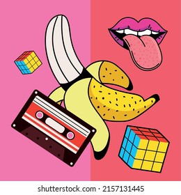 90s retro, banana, cassette and shoe, concept