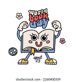 90s retro cartoon book chatacter funny big eyes and greeting text Worls book day. Isolated elemens for card or sticker design. Vintage contour flat vector illustration. International literacy day.