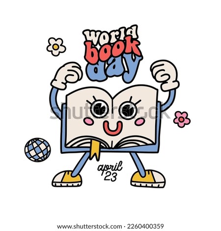 90s retro cartoon book chatacter funny big eyes and greeting text Worls book day. Isolated elemens for card or sticker design. Vintage contour flat vector illustration. International literacy day.