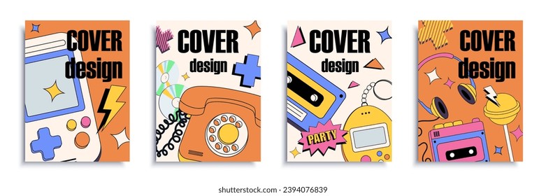 90s retro cover brochure set in flat design. Poster templates with old gamepads, music cassettes and disks, game gadgets, headphones, lollipops, nostalgia items and elements. Vector illustration.