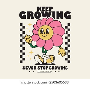 90s Retro Daisy Flower Cartoon Character with Keep Growing Slogan – Creative Ideas for Posters, T-Shirts, Stickers, and Print Designs