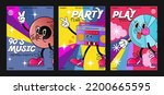 90s retro disco cartoon characters. Fashion poster. funny colorful characters in doodle style, disco ball, vinyl, tape recorder, dvd disc. Vector illustration with typography elements