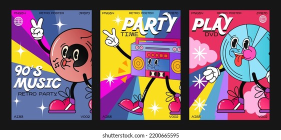 90s retro disco cartoon characters. Fashion poster. funny colorful characters in doodle style, disco ball, vinyl, tape recorder, dvd disc. Vector illustration with typography elements