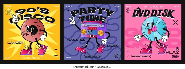 90s retro disco cartoon characters. Fashion poster. funny colorful characters in doodle style, disco ball, vinyl, tape recorder, dvd disc. Vector illustration with typography elements