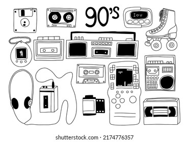 90's retro doodle objects illustration set. Vector hand drawn boombox, record player, roller skate, cassette player, pager, floppy isolated