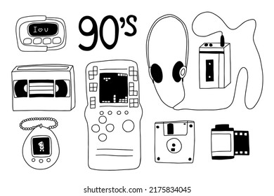 90er Jahre Retrodoodle Objekte, Illustrationssatz. Vektorkassettenspieler, Tamagotchi und handgezeichnete Diskettendiskette, Clipkunst