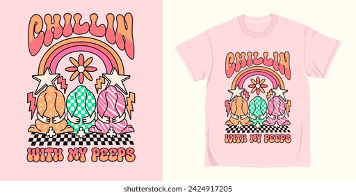 90s Retro easter groovy cartoon character, easter t shirt design vector. Hippie easter illustration for print