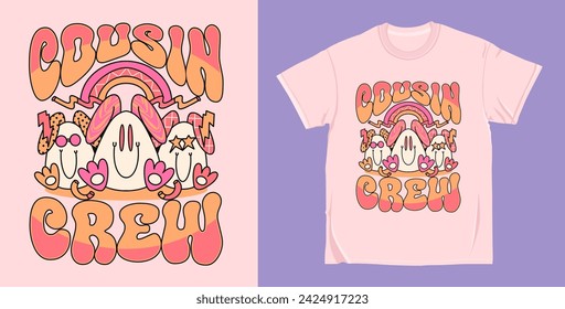 90s Retro easter groovy cartoon character, easter t shirt design vector. Hippie easter illustration for print