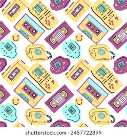 90s retro element seamless pattern, retro style, game and music items. Can use for stickers, banner, greeting card. wallpaper, textile, music background.