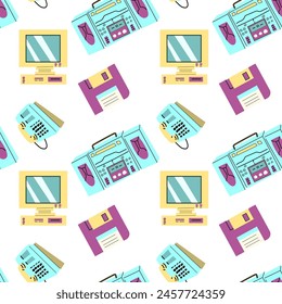 90s retro element seamless pattern, retro style, game and music items. Can use for stickers, banner, greeting card. wallpaper, textile, music background.