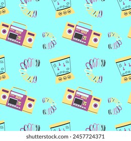 90s retro element seamless pattern, retro style, game and music items. Can use for stickers, banner, greeting card. wallpaper, textile, music background.