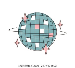 90s retro elements. Groovy disco ball. Nostalgia of 70s. Retro party 80s. Blue disco ball on white isolated background. Flat vector illustration in modern style.