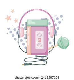 90s retro elements music player and lollipop. Flat style vector illustration, white background.