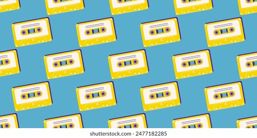 90s retro elements. Pattern with an audio tape. Color illustration in trendy flat style. Aesthetics of the 90s