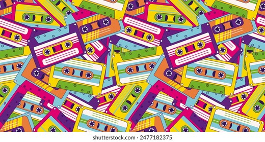 90s retro elements. Pattern with an audio tape. Color illustration in trendy flat style. Aesthetics of the 90s