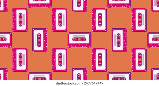 90s retro elements. Pattern with an audio tape. Color illustration in trendy flat style. Aesthetics of the 90s