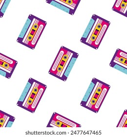90s retro elements. Pattern with an audio tape. Color illustration in trendy flat style. Aesthetics of the 90s