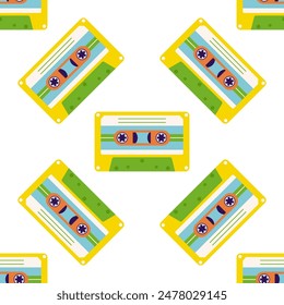 90s retro elements. Pattern with an audio tape. Color illustration in trendy flat style. Aesthetics of the 90s