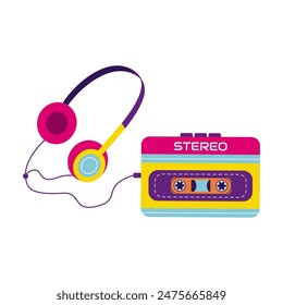 90s retro elements. Retro player with headphones. Color illustration in flat style. Aesthetics of the 90s
