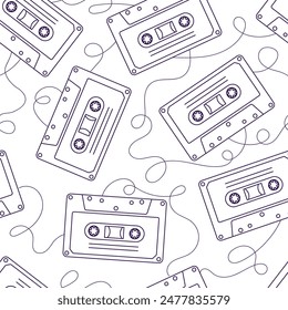 90s retro elements. Seamless pattern of cassettes with audio tapes. Aesthetics of the 90s. Line art graphics.