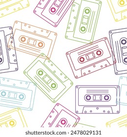 90s retro elements. Seamless pattern of cassettes with audio tapes. Aesthetics of the 90s. Line art graphics.