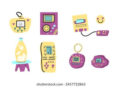 Elementos retro de los años 90 u 80, o Elementos y2k, estilo retro, juegos y artículos de música. Se puede utilizar para pegatinas, Anuncio, tarjeta de felicitación.