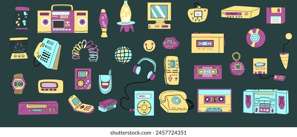 90s retro elements set or 80s, or y2k elements, retro style, game and music items. Can use for stickers, banner, greeting card.